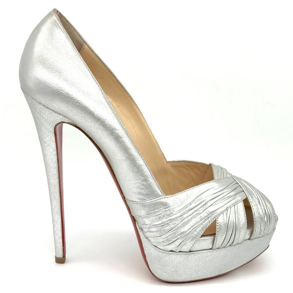 Christian Louboutin ABORINA 150 Metallic Silver Twist Platform Heels Pump Shoes